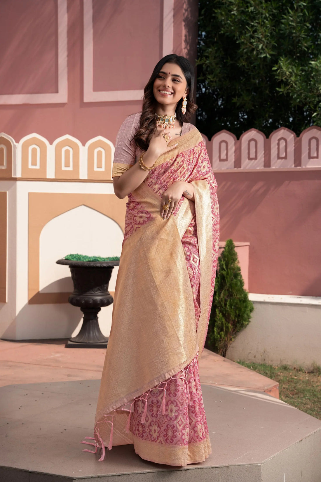 Pink Cotton Ikkat Silk Saree