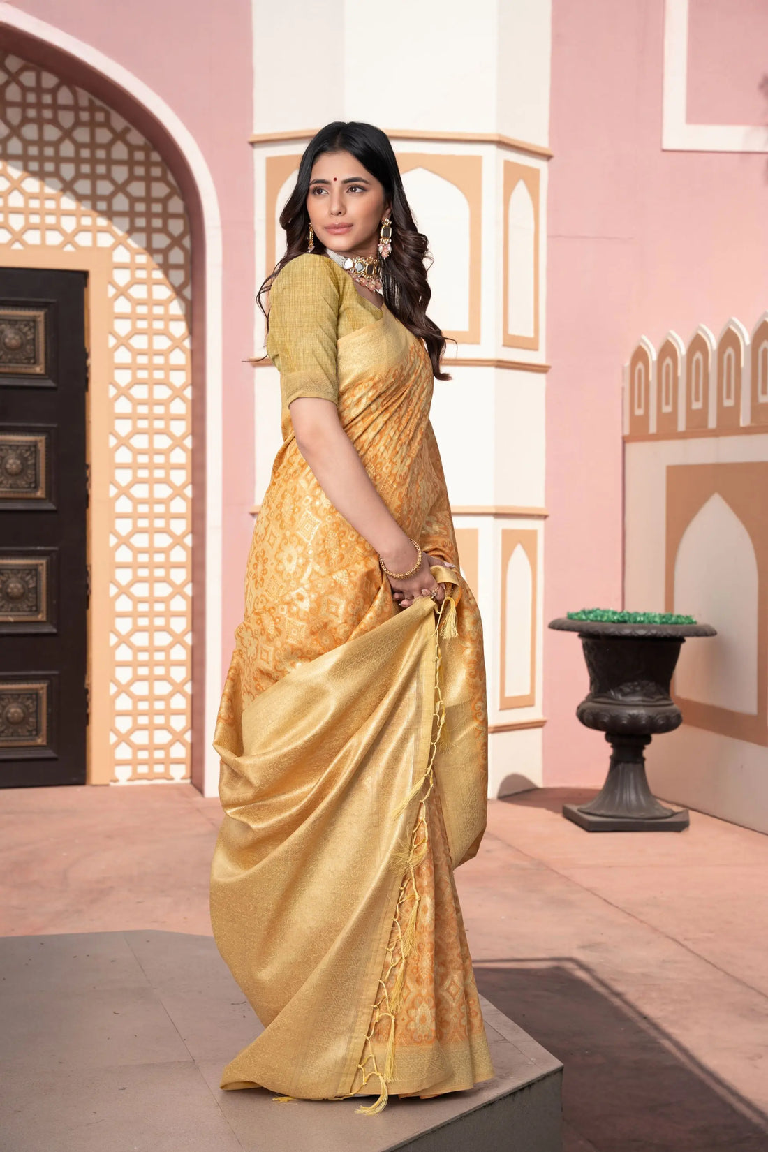 Yellow Cotton Ikkat Silk Saree