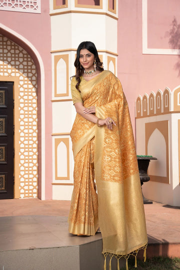 Yellow Cotton Ikkat Silk Saree