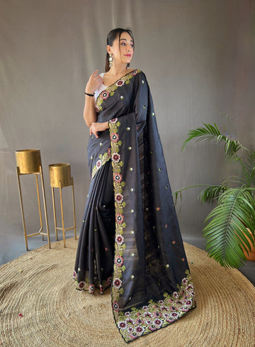 Black Tussar Silk Saree