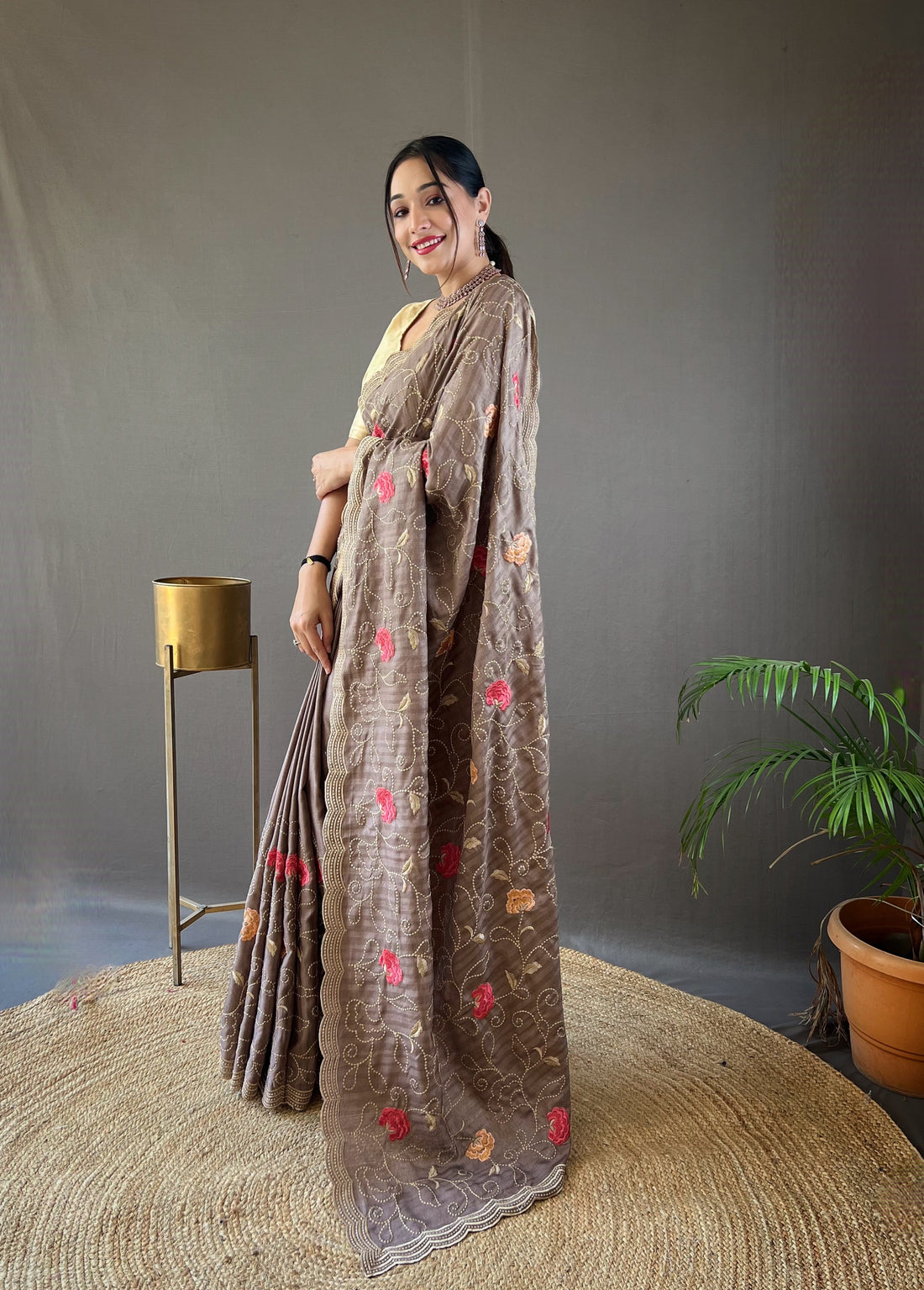 Brown Tussar Silk Saree