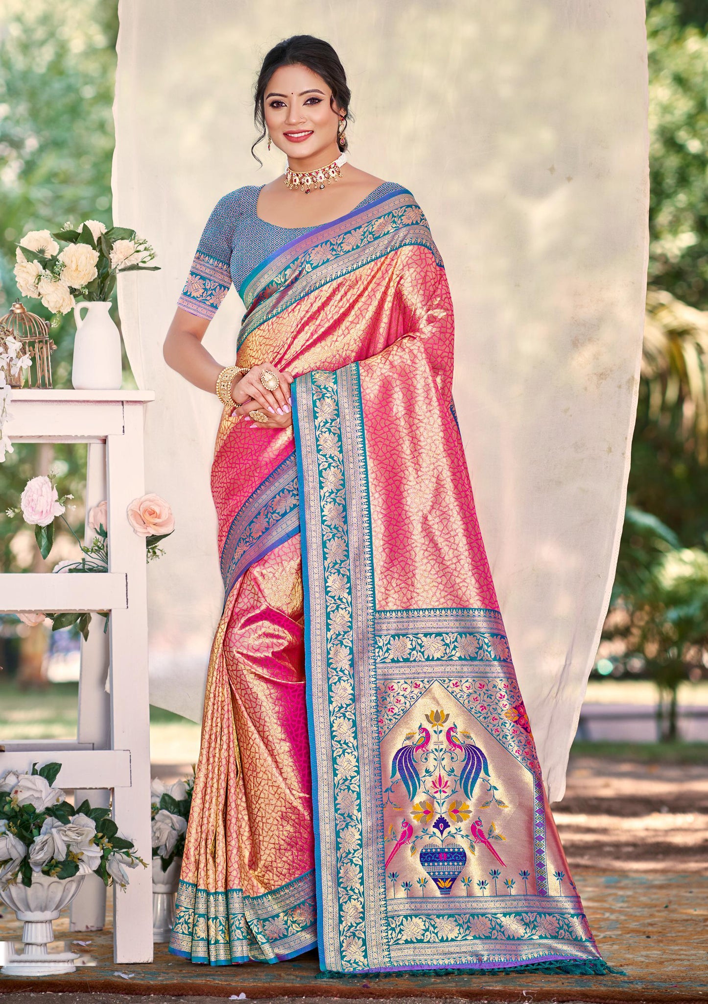 Coral Pink Kanjivaram Silk Saree