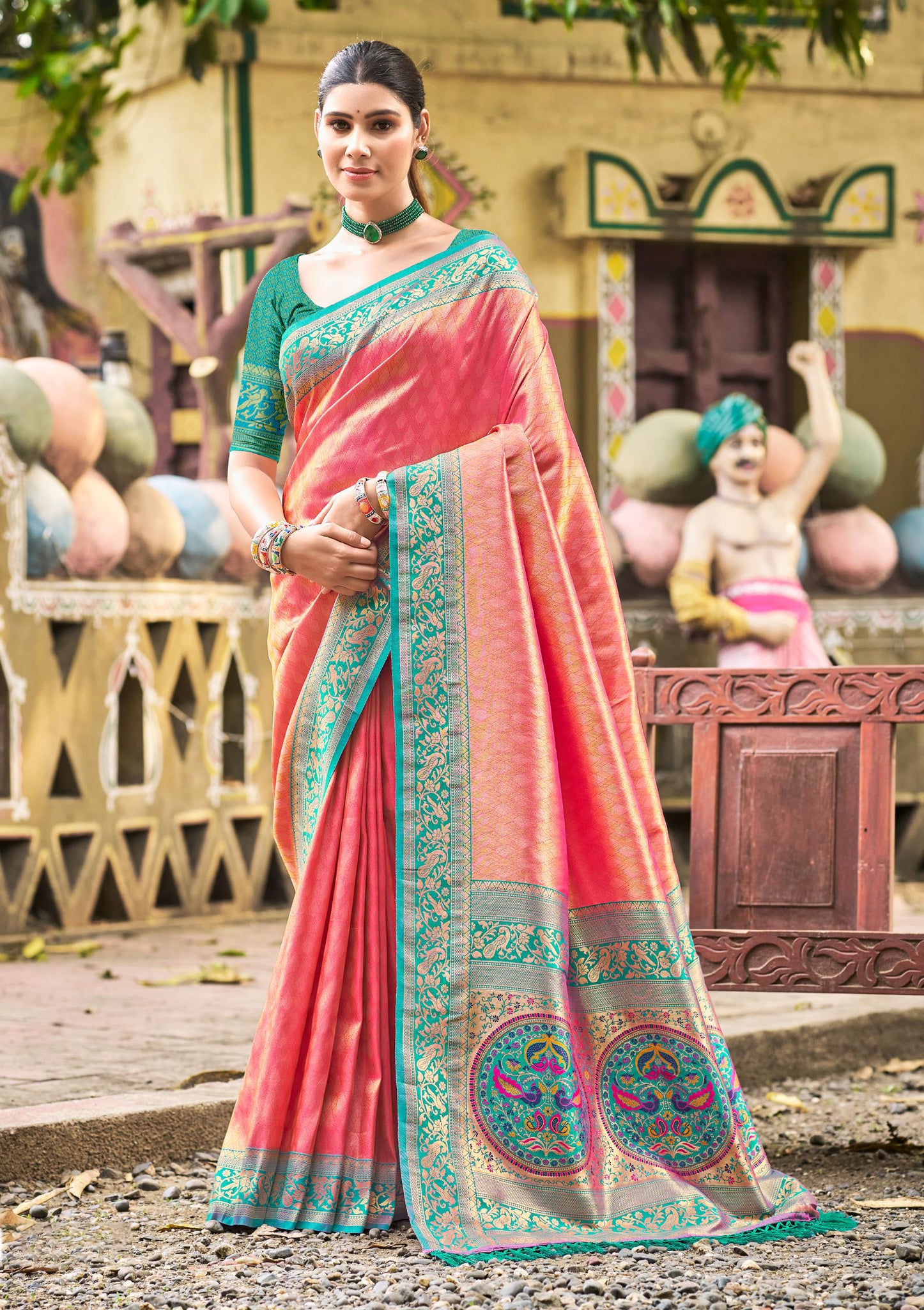 Coral Pink Kanjivaram Silk Saree