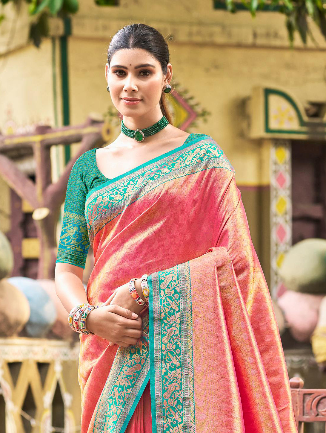 Coral Pink Kanjivaram Silk Saree
