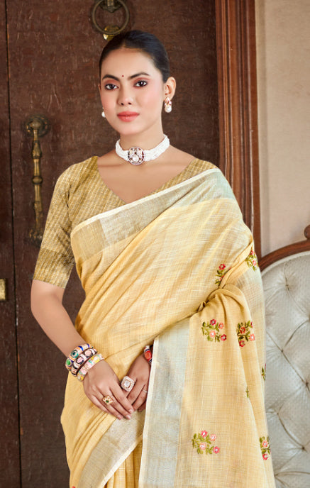 Mellow Yellow Linen Saree