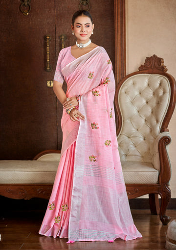 Pink Linen Saree