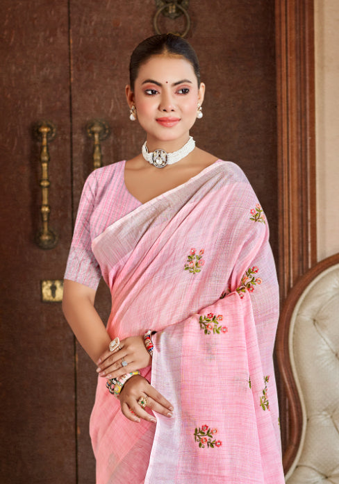 Pink Linen Saree