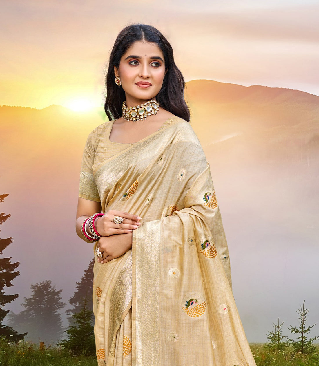 Beige Heavy Assam Silk Saree