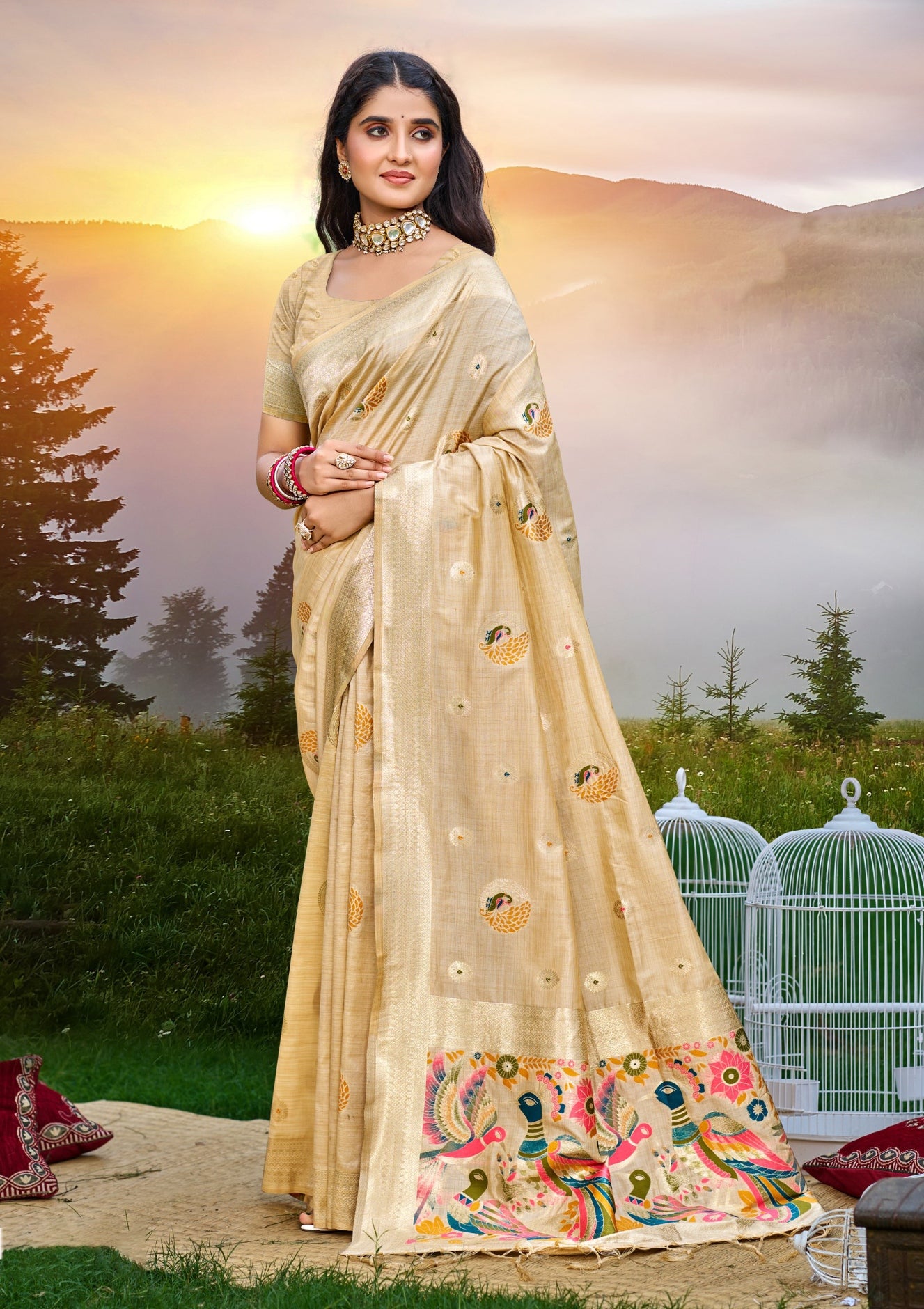 Beige Heavy Assam Silk Saree