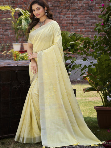 Lime Yellow Linen Saree