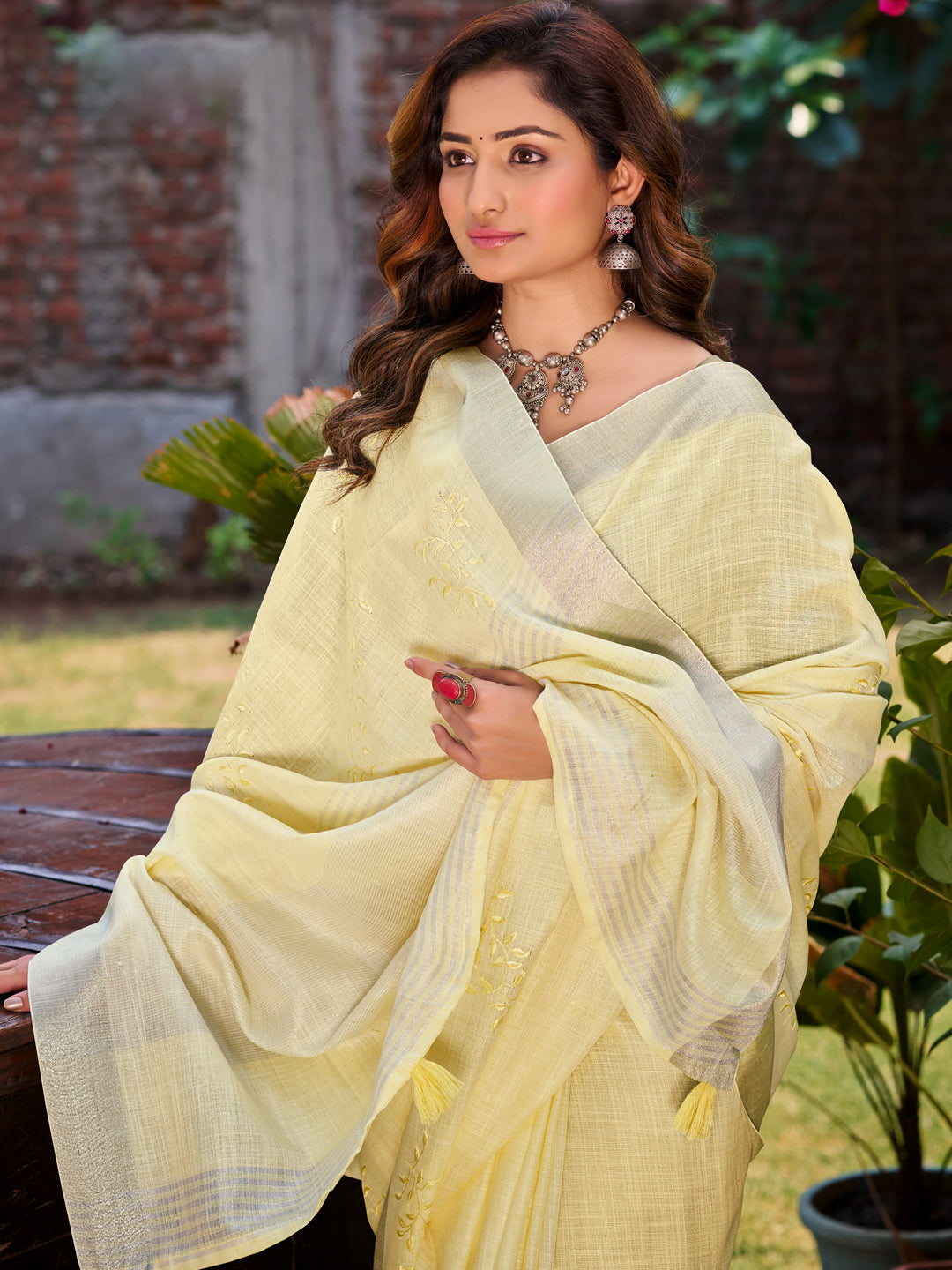 Lime Yellow Linen Saree