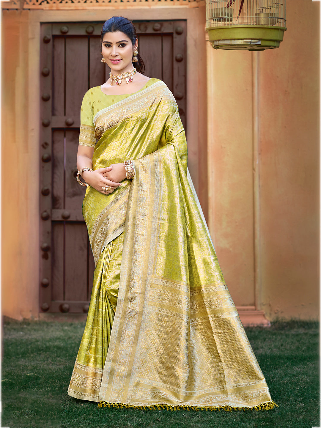 Olive Green Kanjivaram Silk Saree