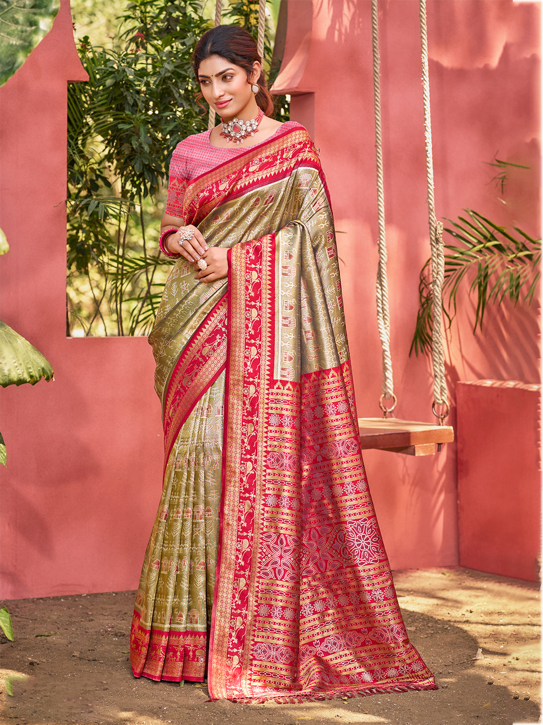 Olive Green Kanjivaram Silk Saree