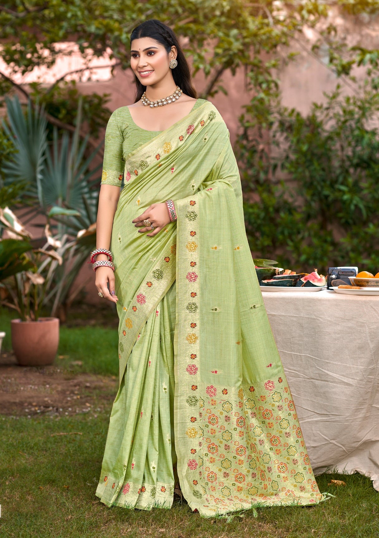 Light Green Heavy Assam Silk Saree