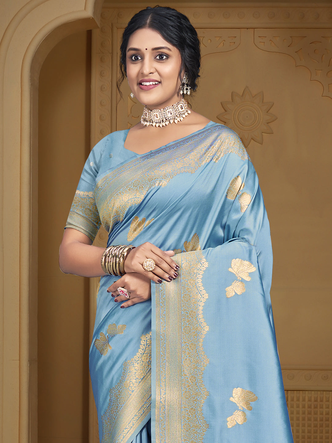 Sangam Sky Blue Silk Saree