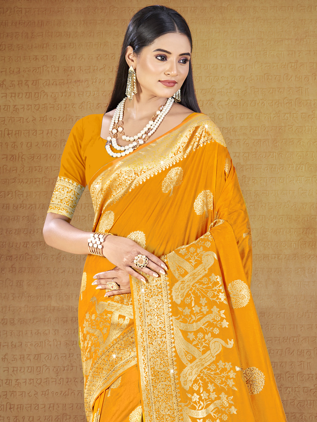 Sangam Mustard Yellow Silk Saree