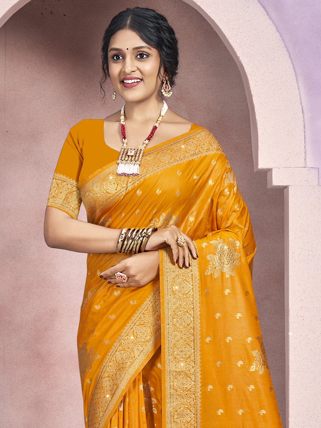 Sangam Mustard Yellow Silk Saree