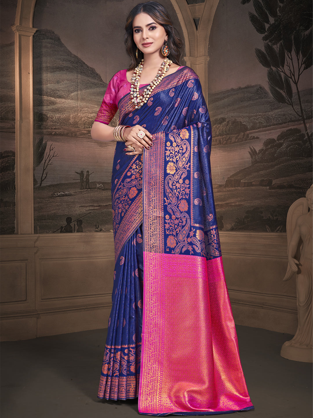 Sangam Navy Blue Silk Saree