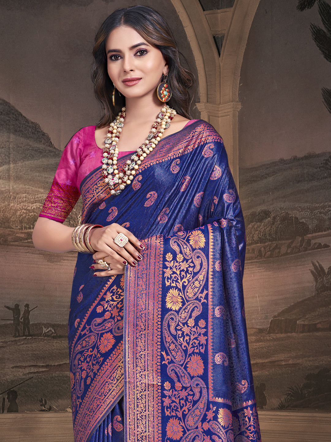 Sangam Navy Blue Silk Saree