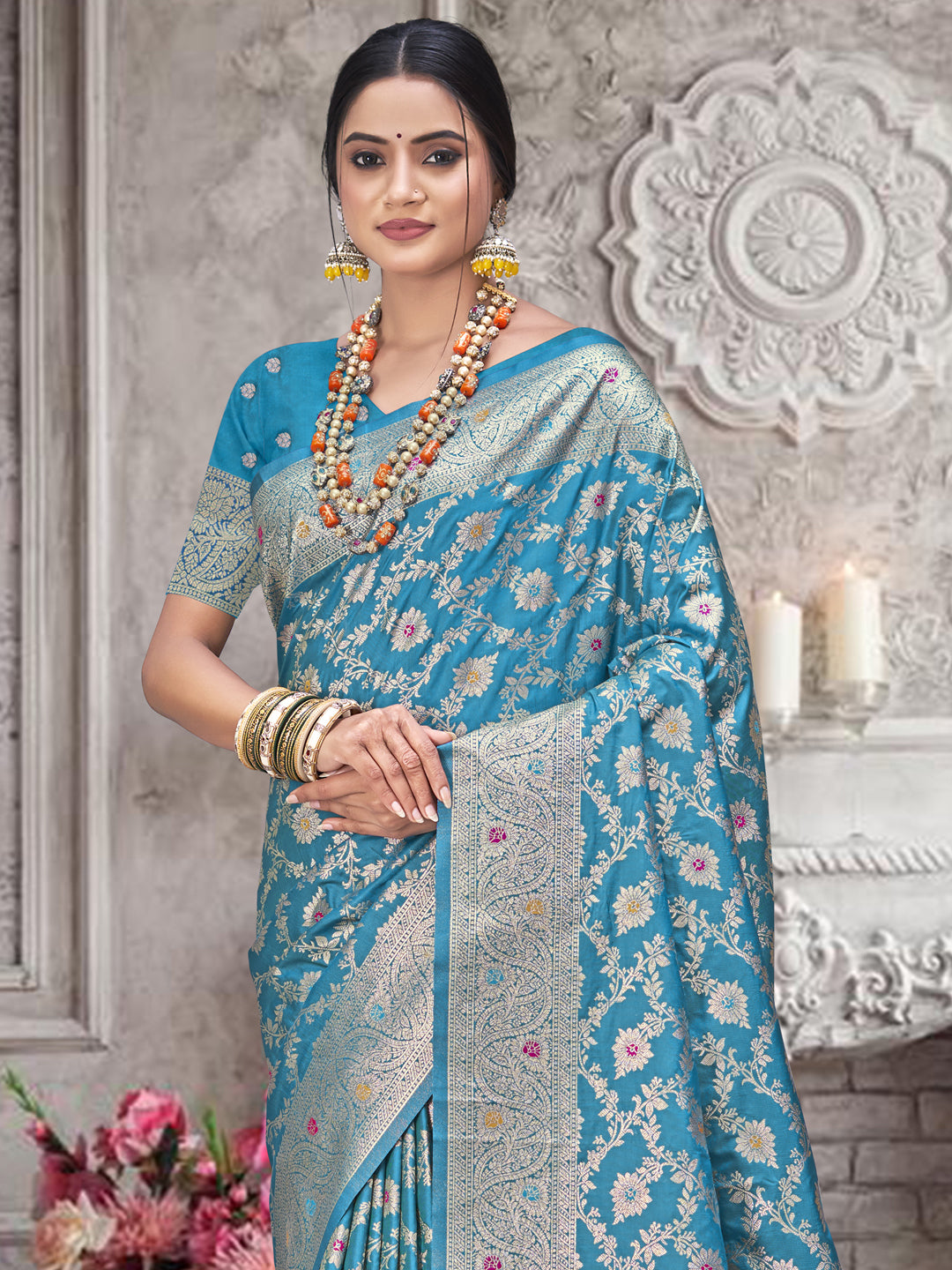 Sangam Sky Blue Silk Saree