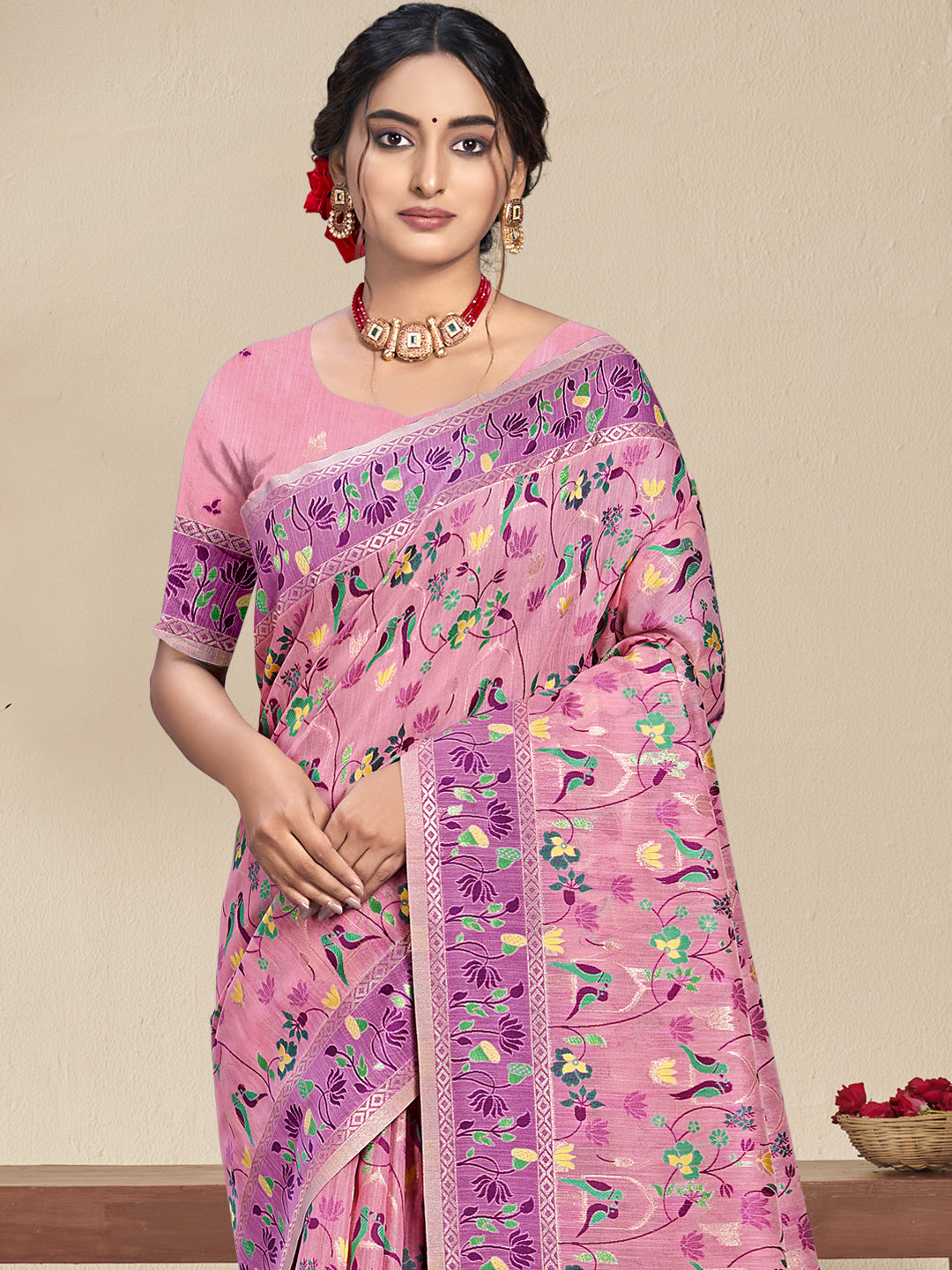 Light Pink Silk Saree With Attractive Floral Work