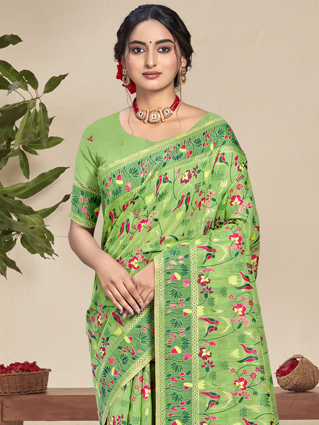 Light Green Silk Saree With Attractive Floral Work