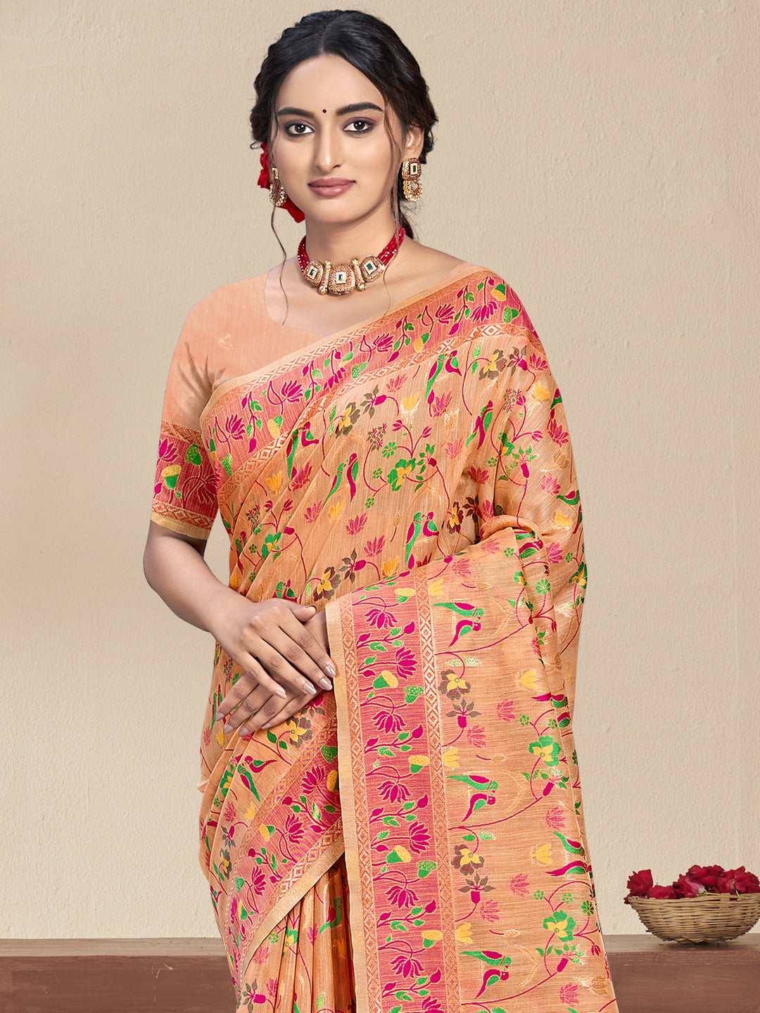 Peach Silk Saree With Attractive Floral Work