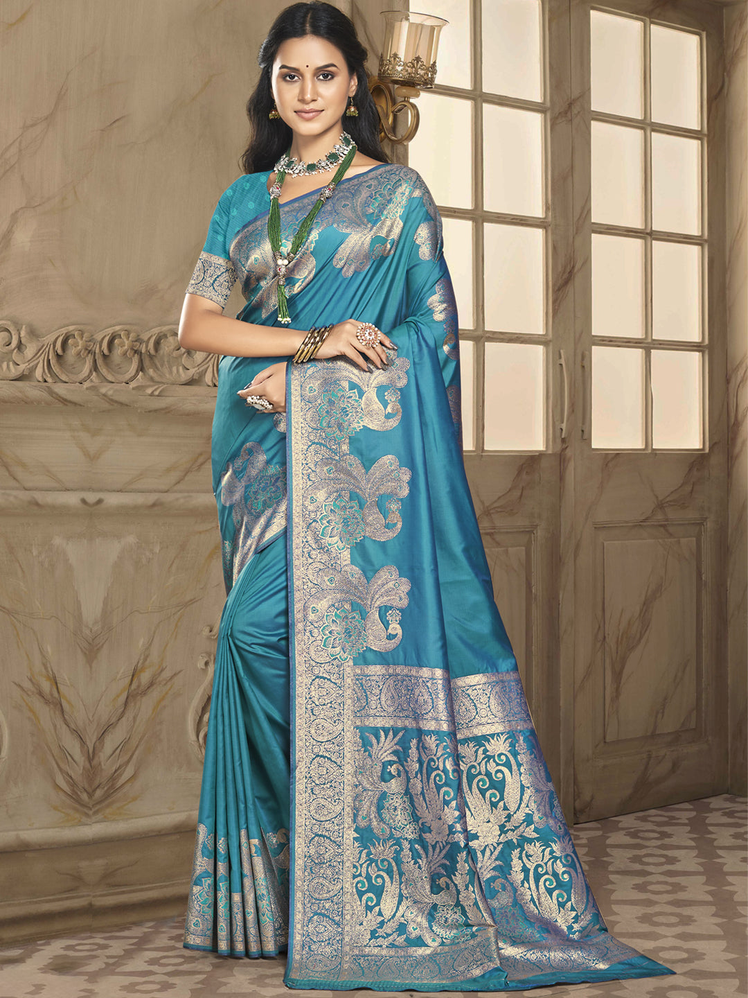 Sangam Cyan Blue Silk Saree