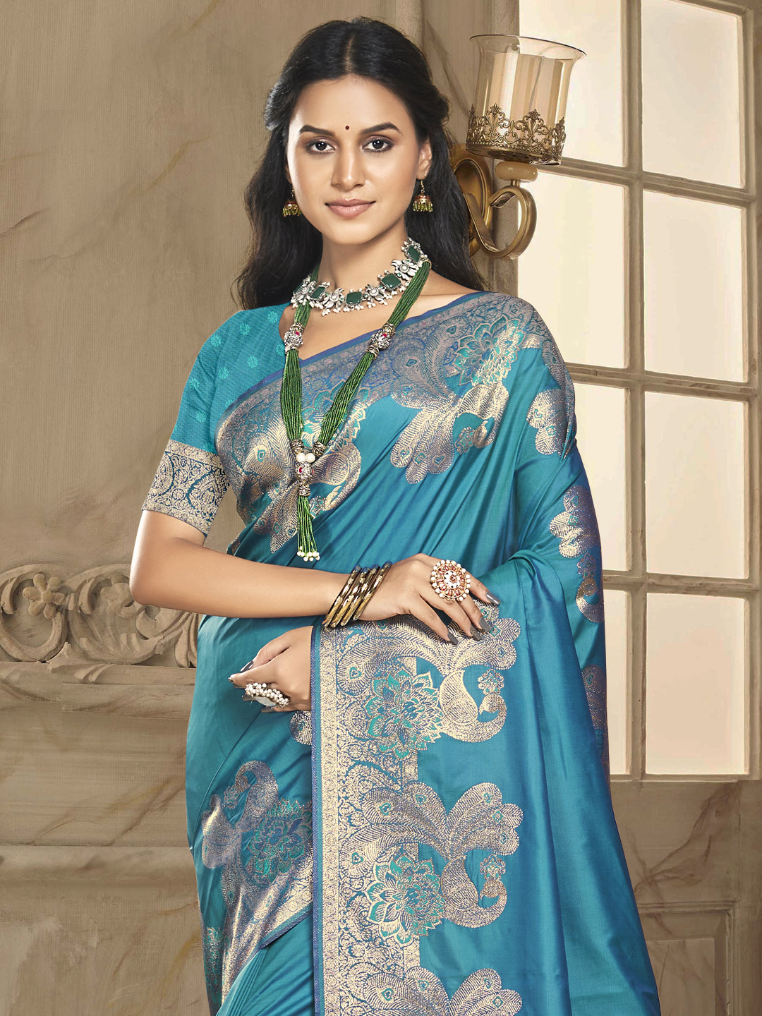 Sangam Cyan Blue Silk Saree