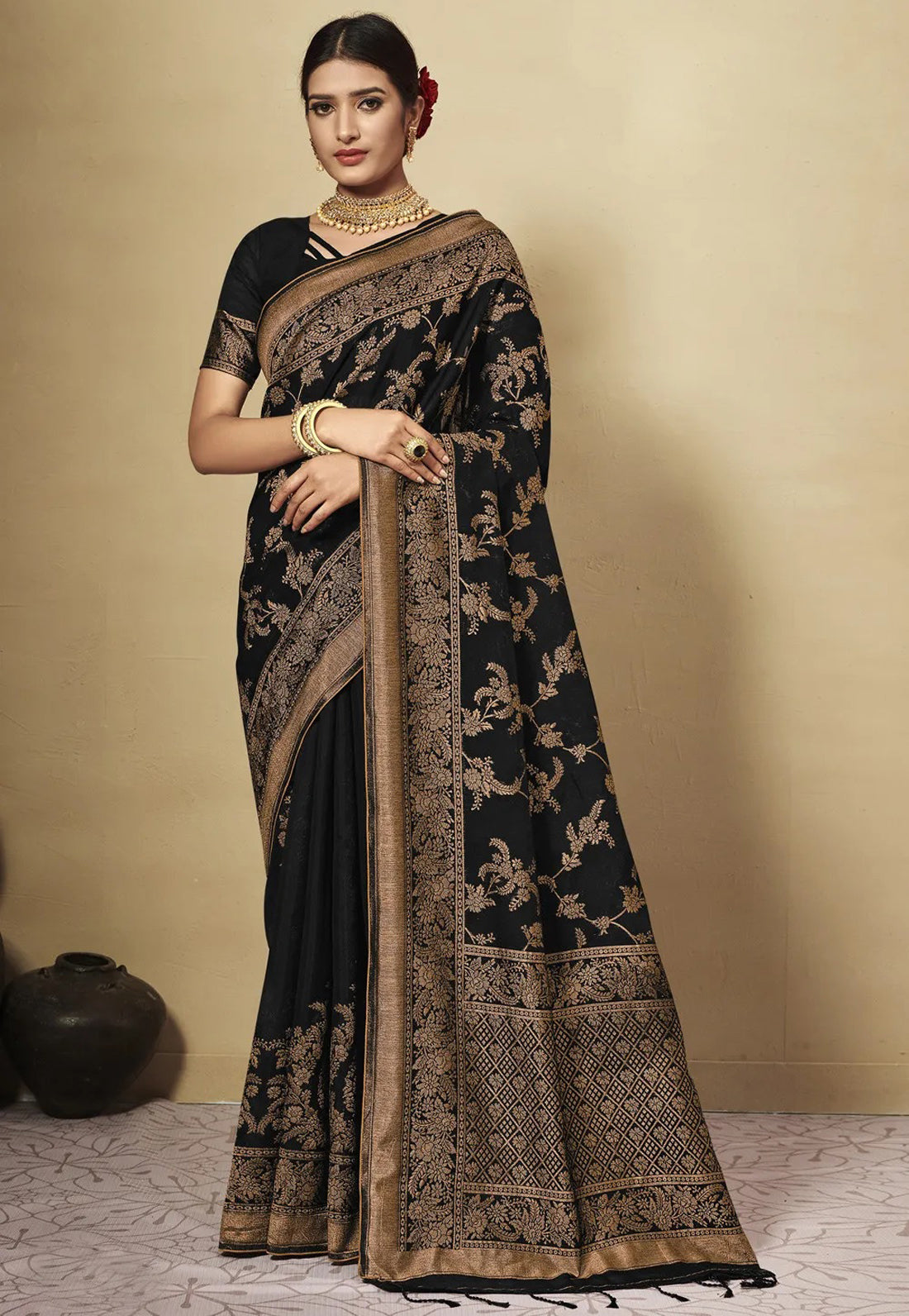 Black Chanderi Cotton Saree