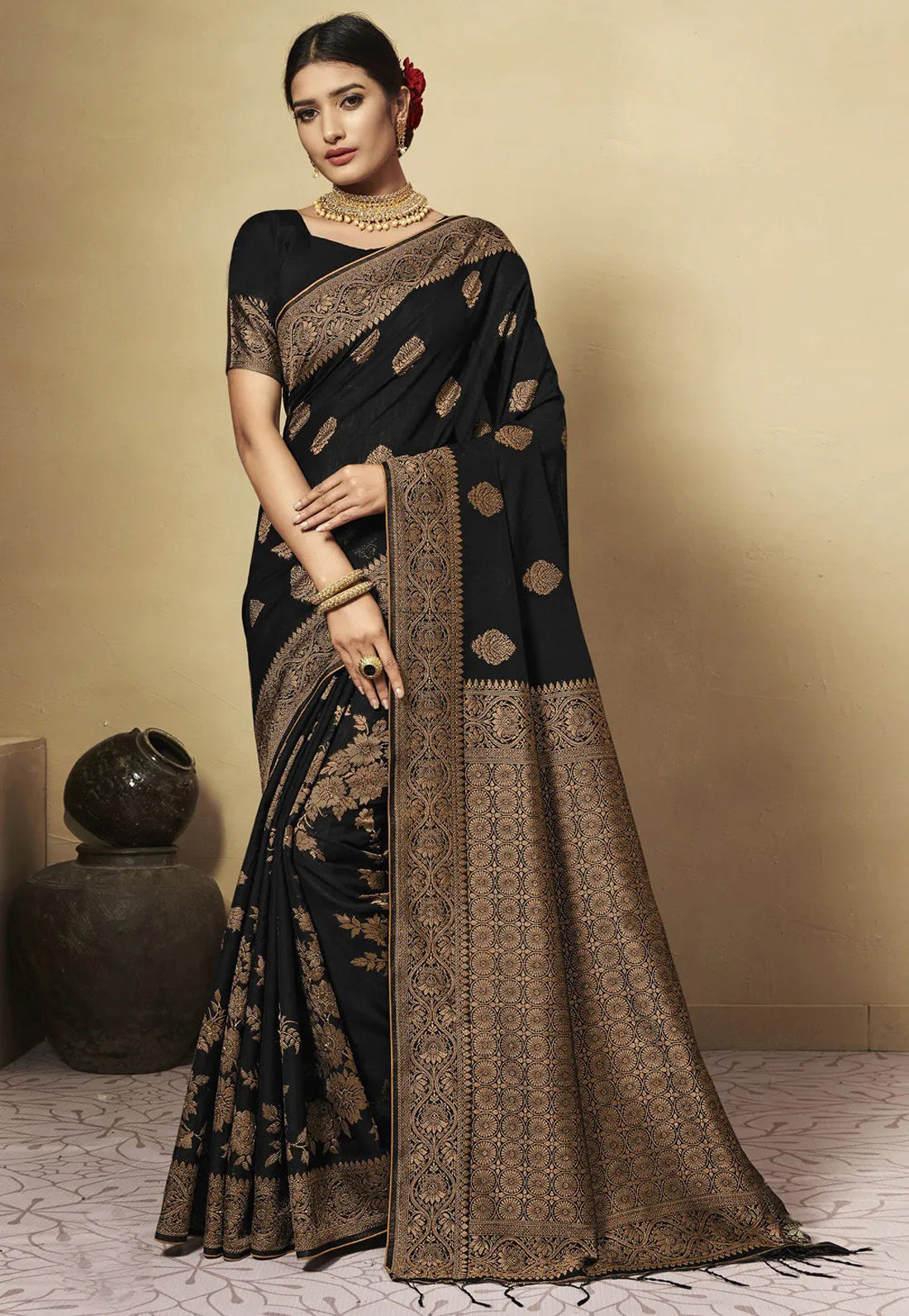 Black Chanderi Cotton Saree