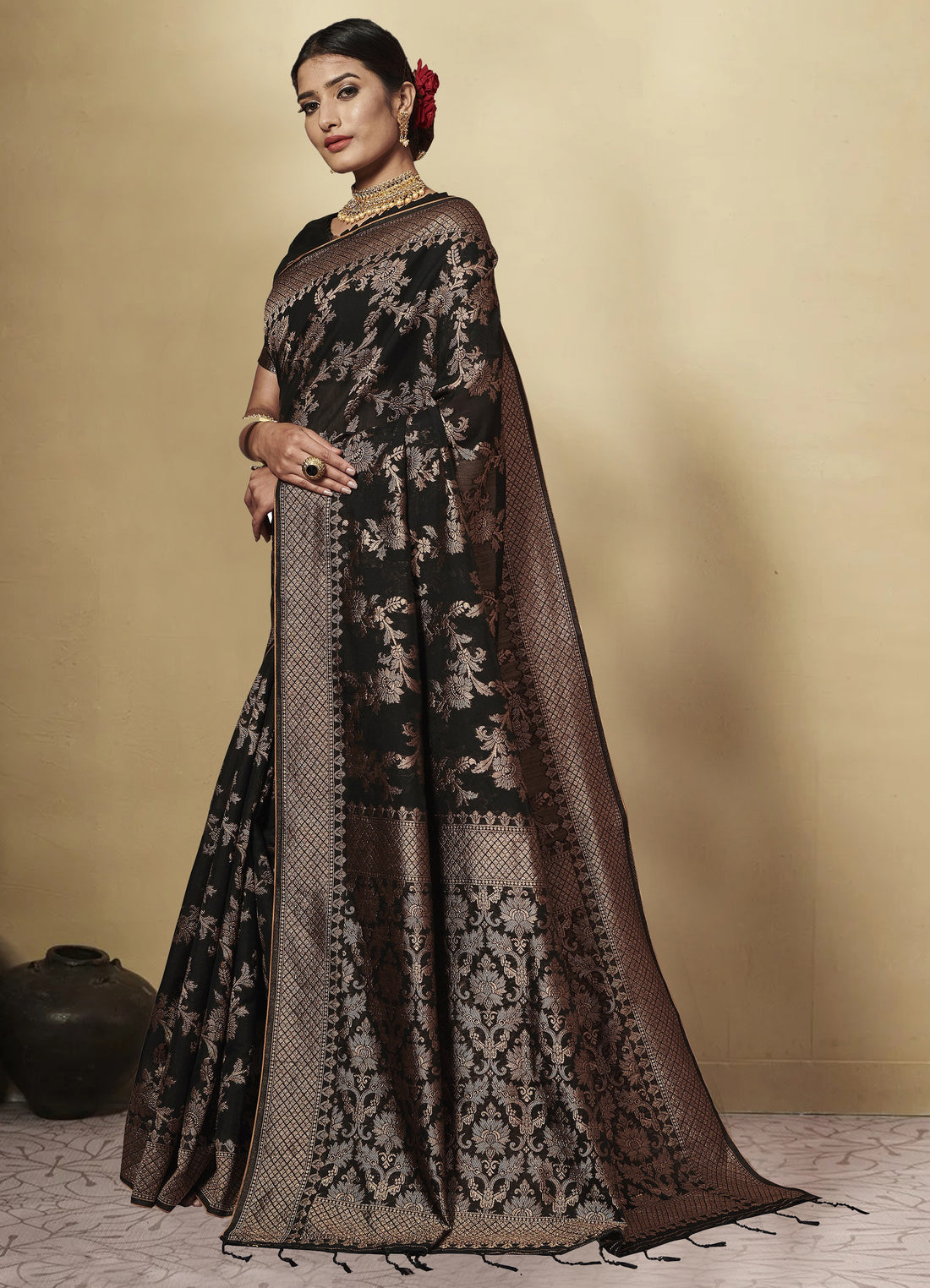 Ishika Fab Black Chanderi Cotton Saree