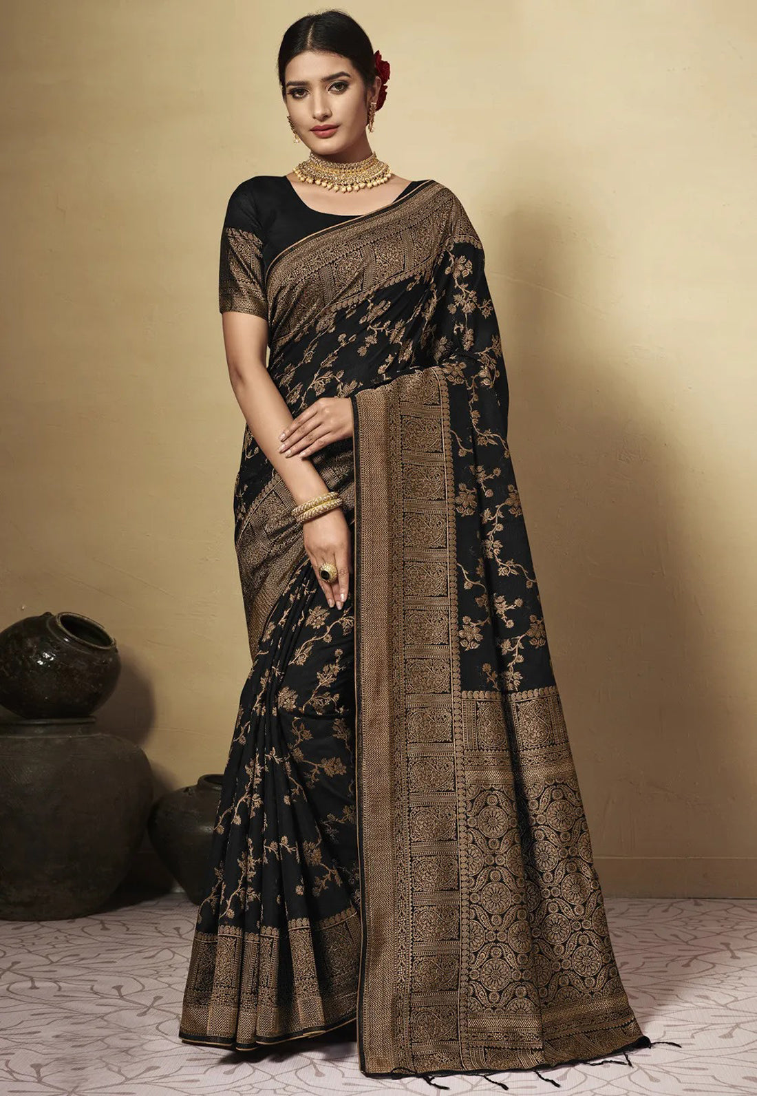 Ishika Fab Black Chanderi Cotton Saree