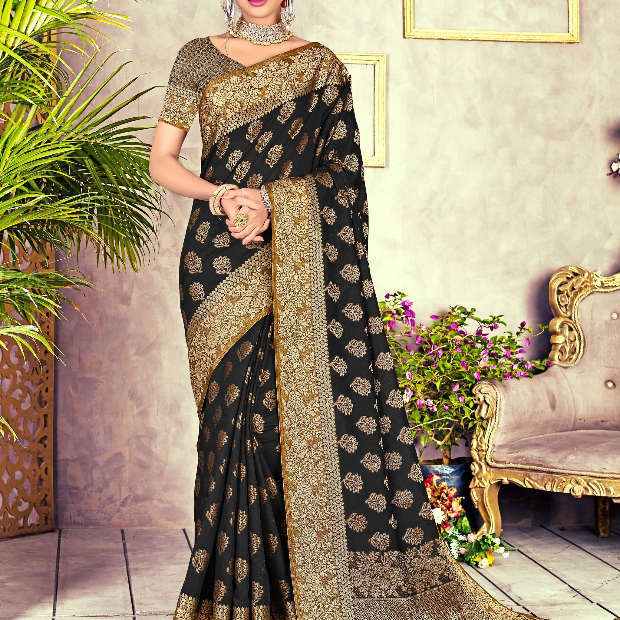 Black Chanderi Cotton Saree