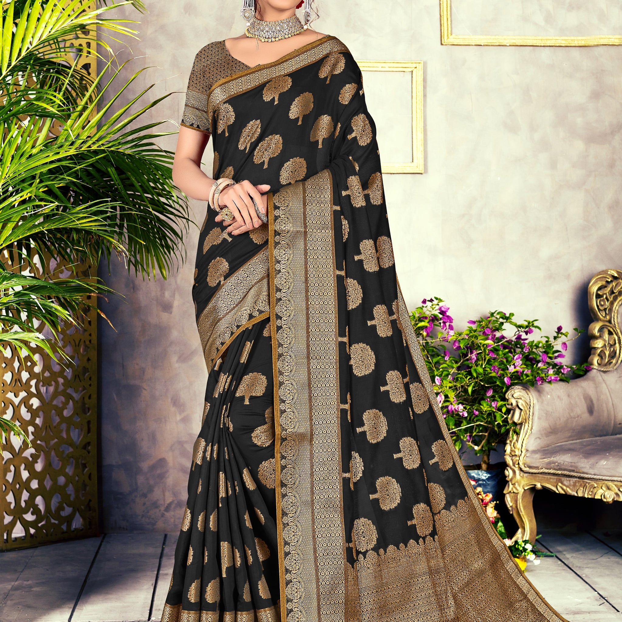 Black Chanderi Cotton Saree