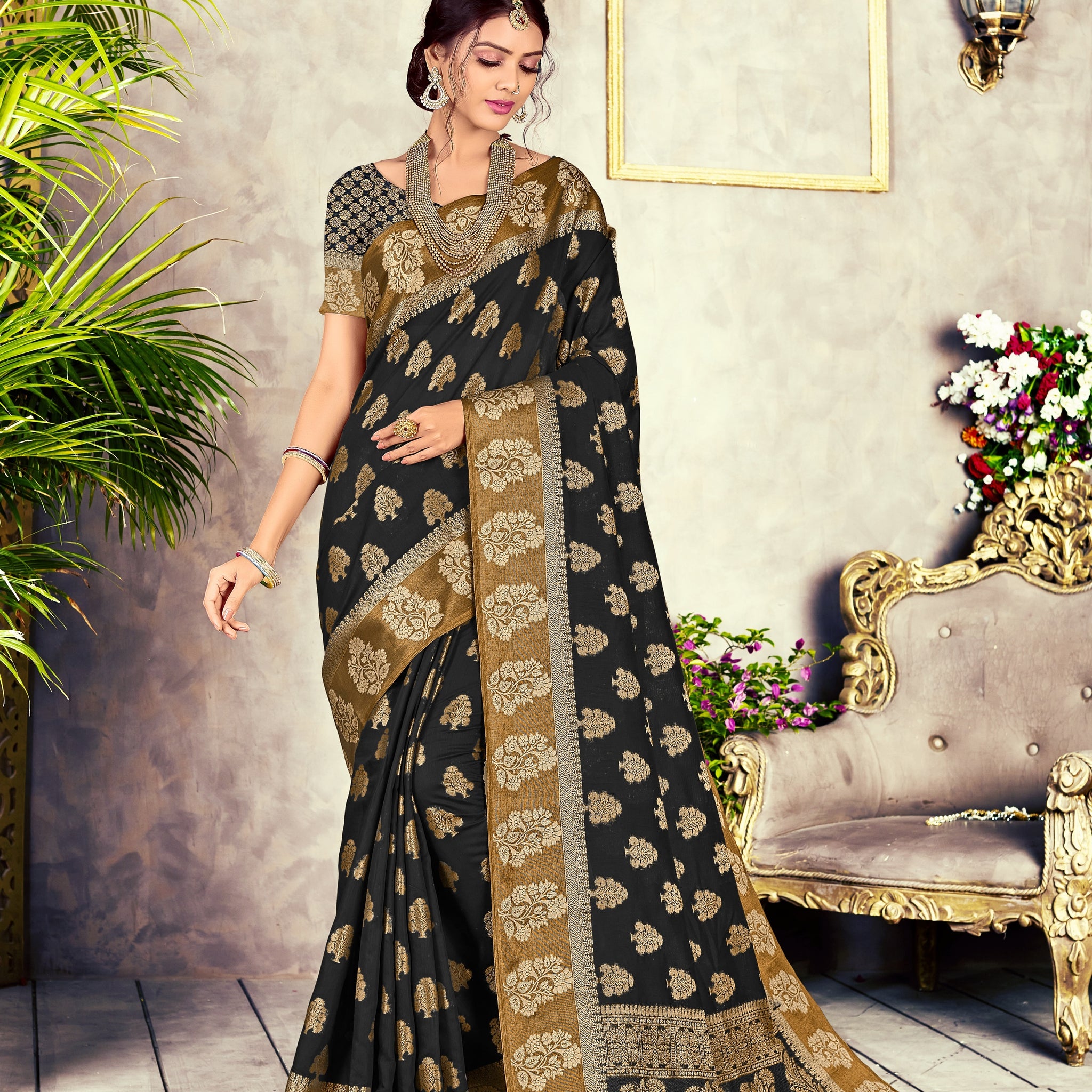 Black Chanderi Cotton Saree