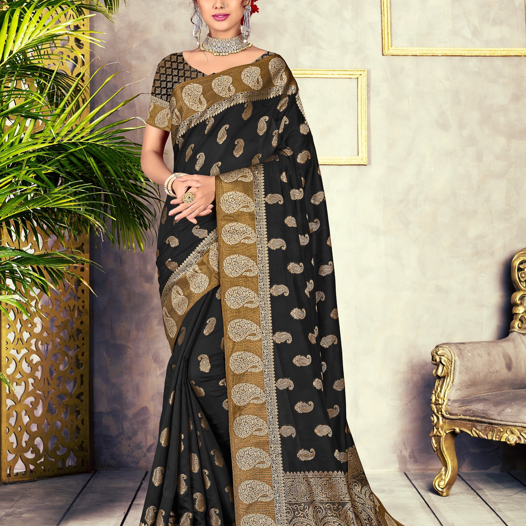 Black Chanderi Cotton Saree