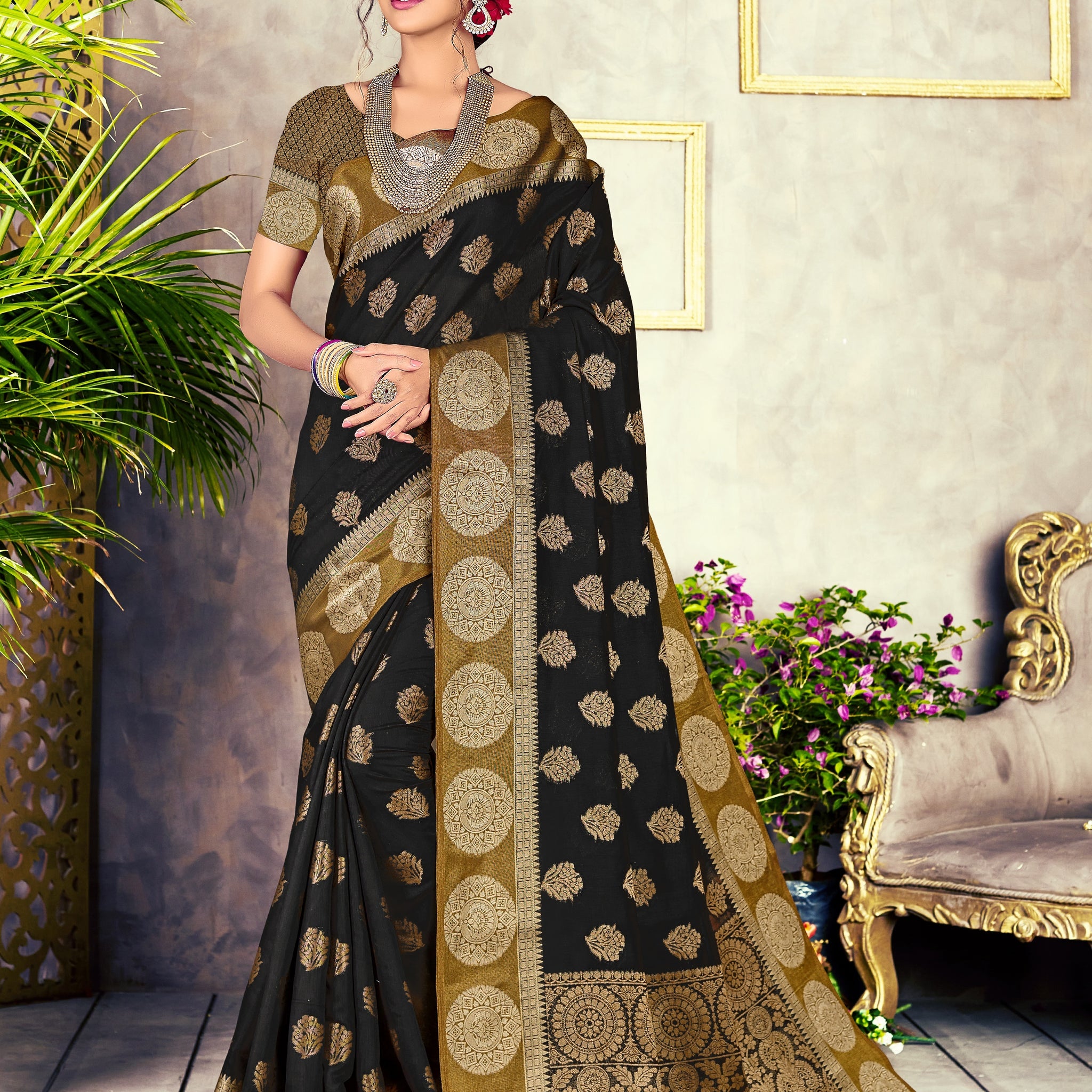 Black Chanderi Cotton Saree