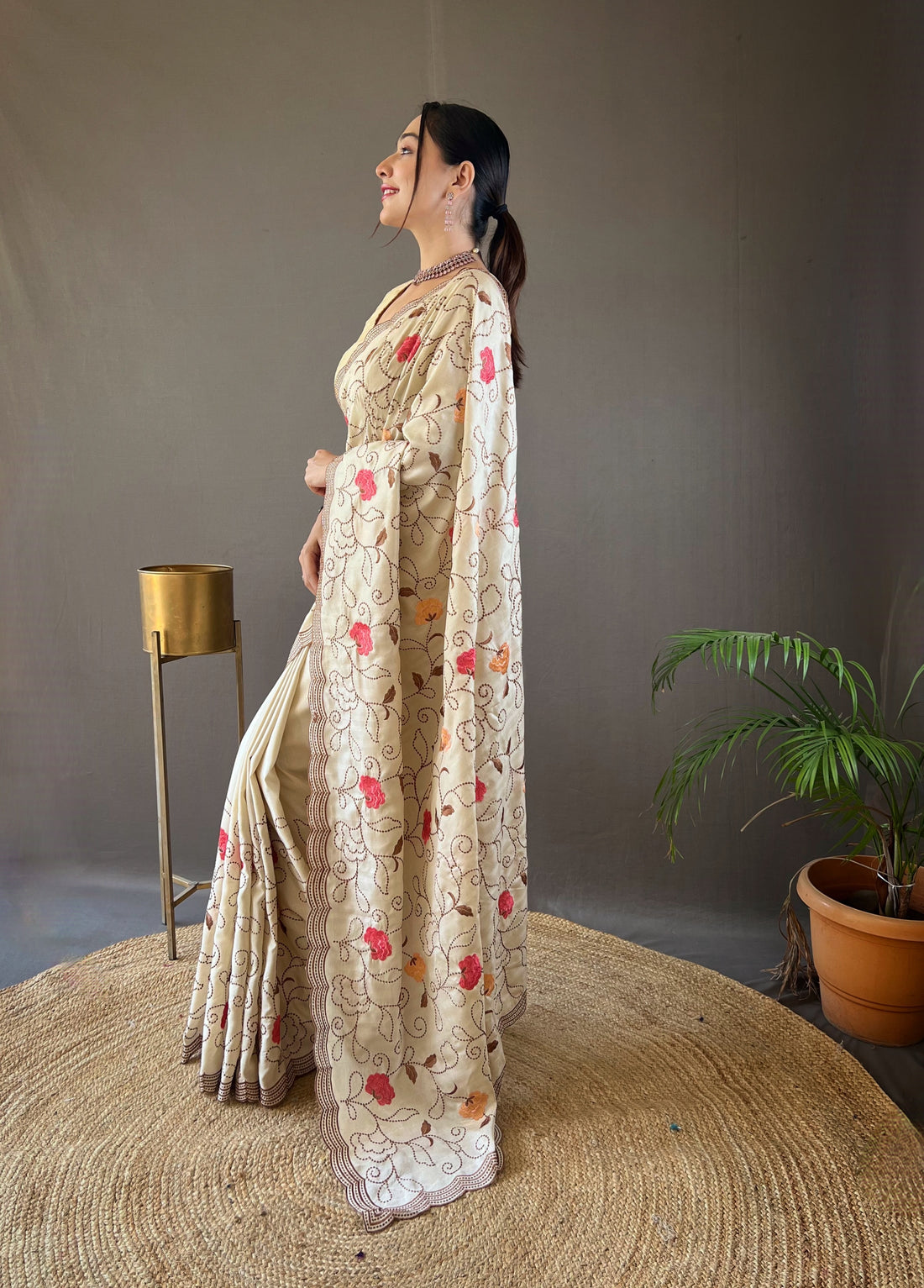 Cream Tussar Silk Saree