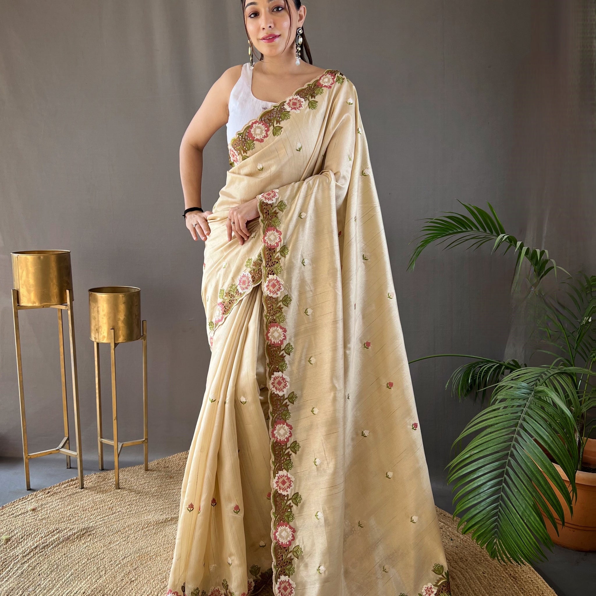 Cream Tussar Silk Saree