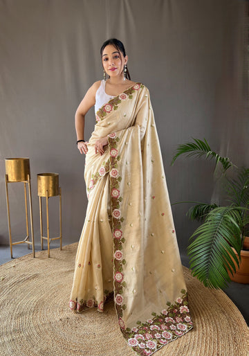 Cream Tussar Silk Saree