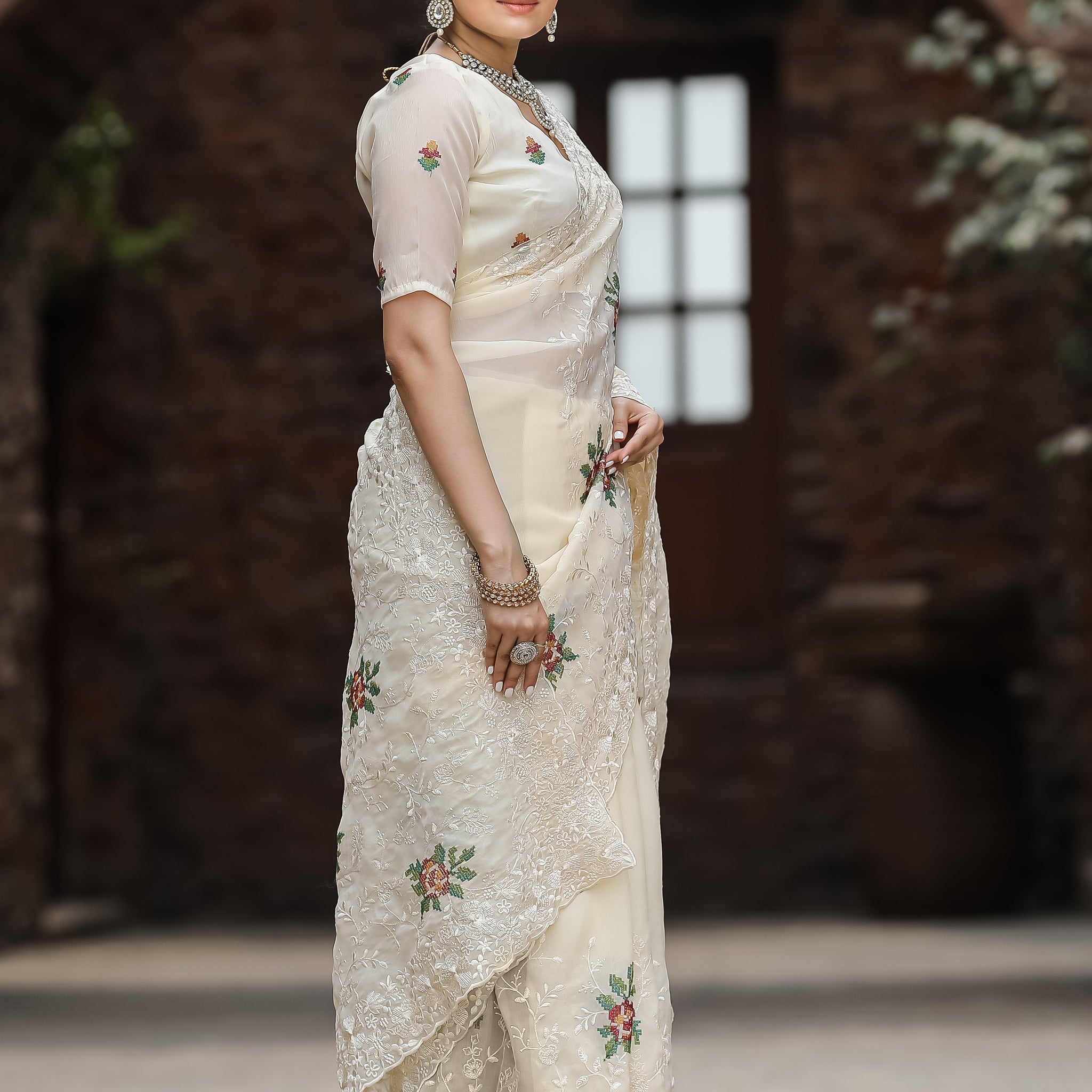 Cream Chiffon Saree