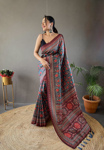 Denim Blue Digital Print On Semi Silk Saree