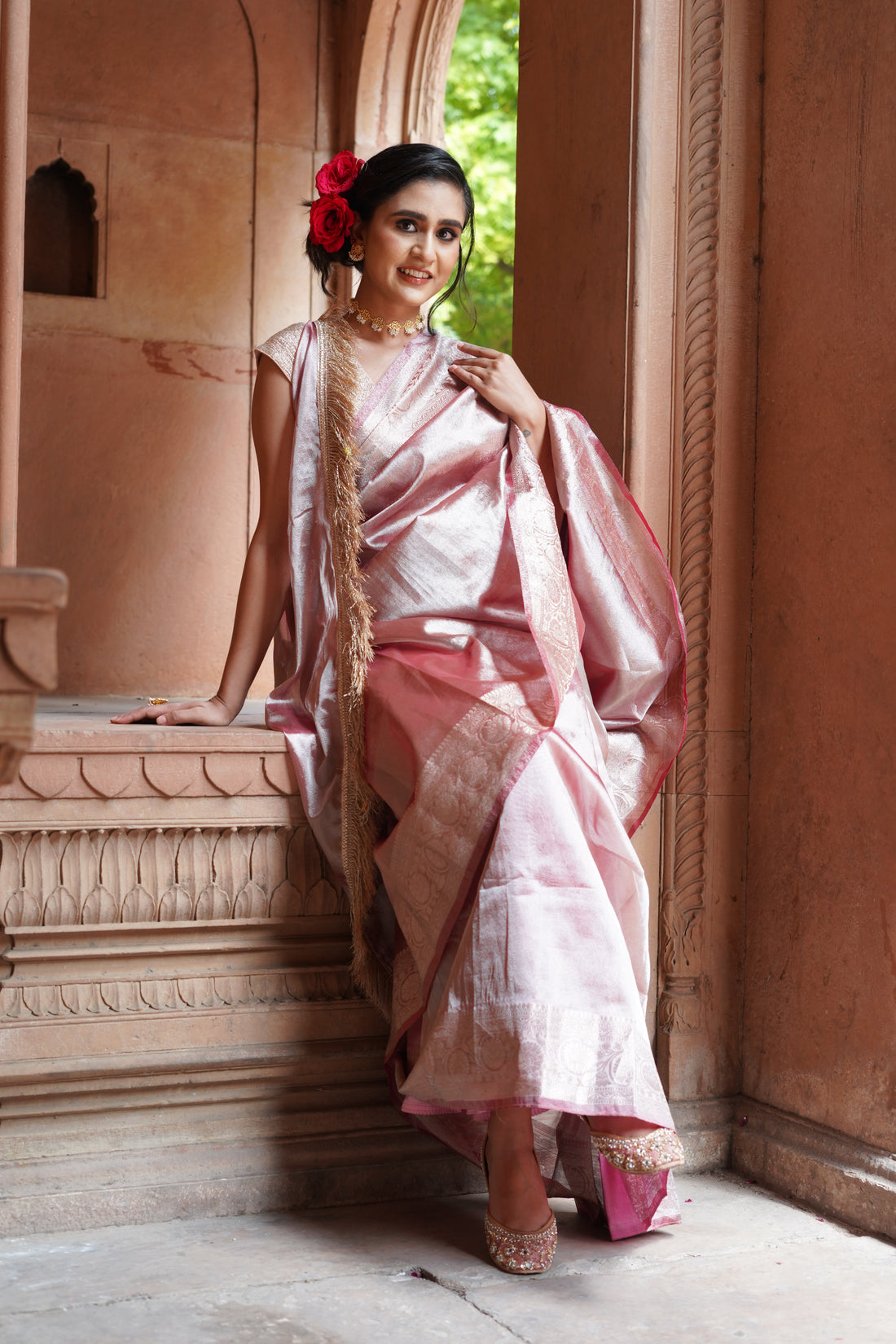 Silver Pink Katbandh Tissue Silk Saree