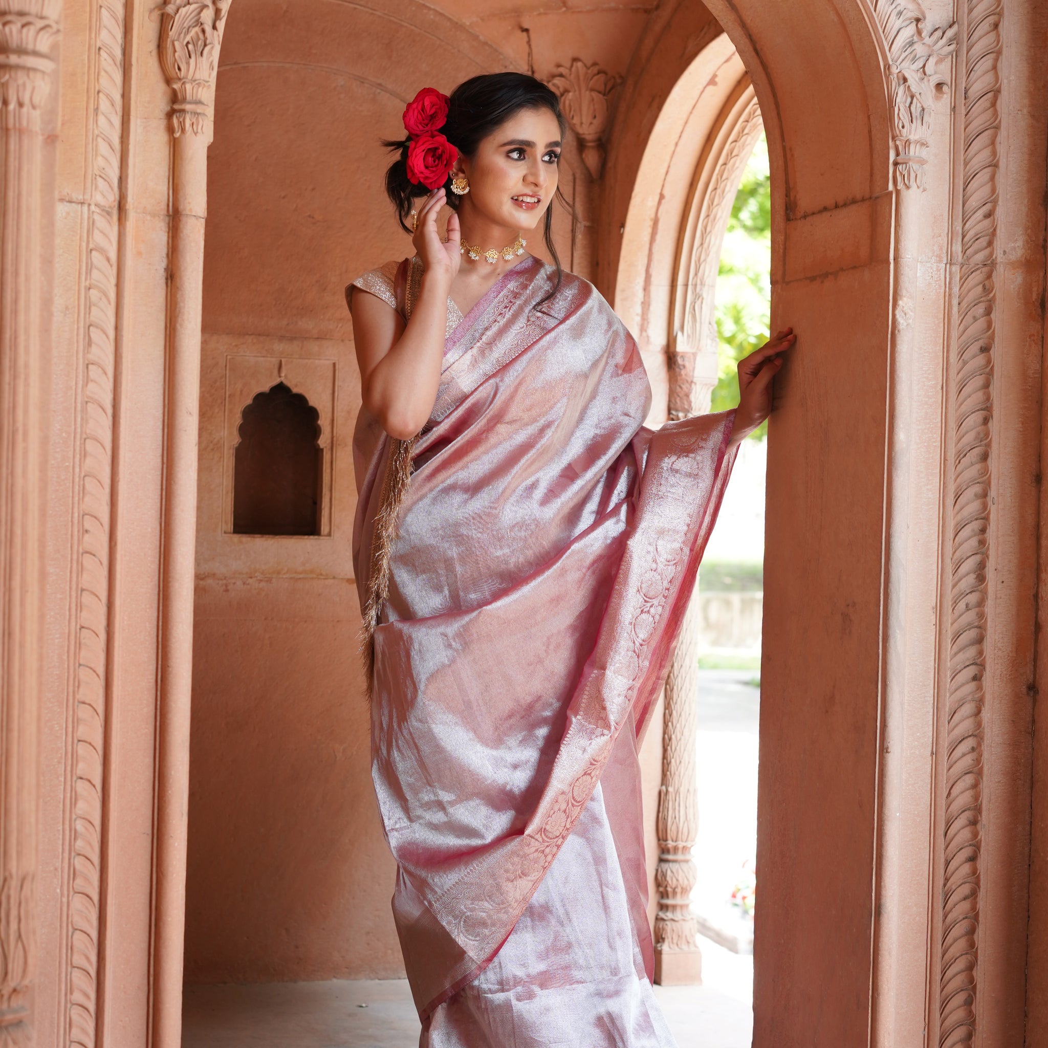 Silver Pink Katbandh Tissue Silk Saree