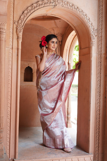 Silver Pink Katbandh Tissue Silk Saree