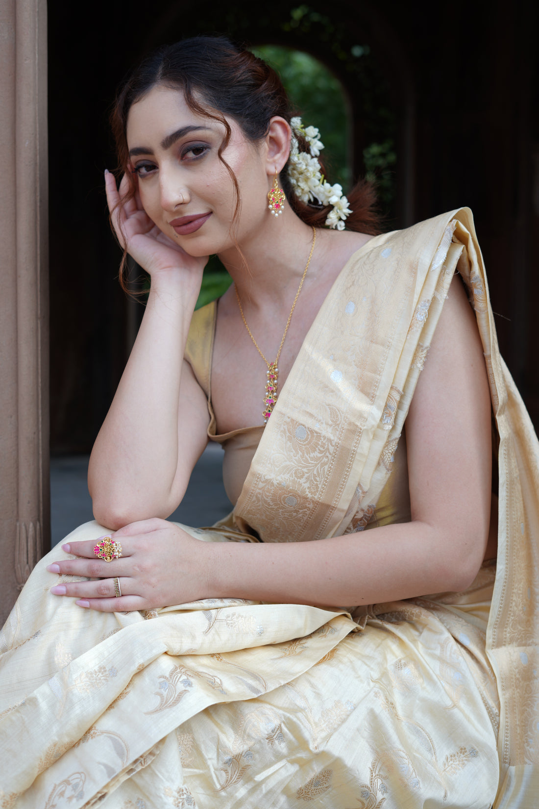 Off White Pure Munga Silk Saree