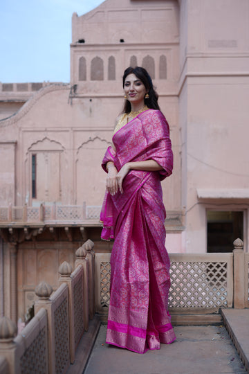 Pink Tanchui Silk Saree with Intricate Motifs