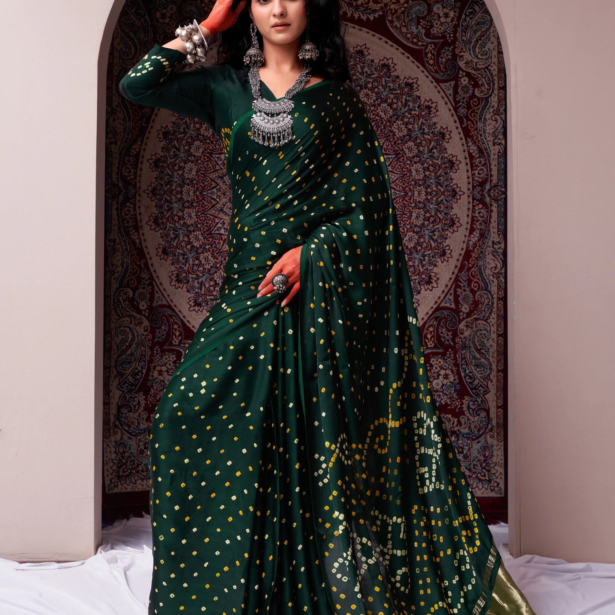 Dark Green Bandhani Silk Saree