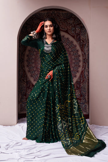 Dark Green Bandhani Silk Saree